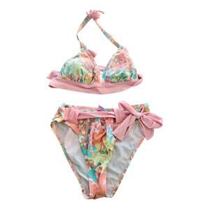 Vintage Y2K Bare Assets Womens Sz S Bikini Swimsuit Set Pastel Floral High Cut